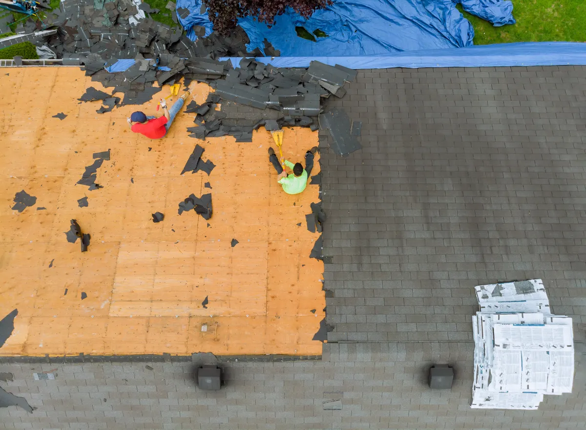 Roof tear-off in progress